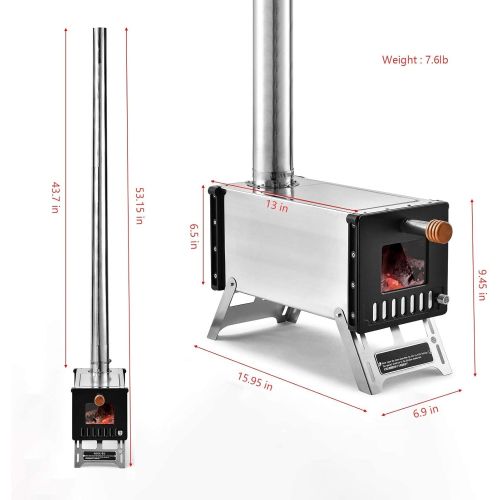  JTYX Portable Wood Burning Stove for Tents Stainless Steel Wood Stove Backpacking with Glass Folding Camping Tent Tiny Stove with 43INCH Pipes for Outdoor Survival