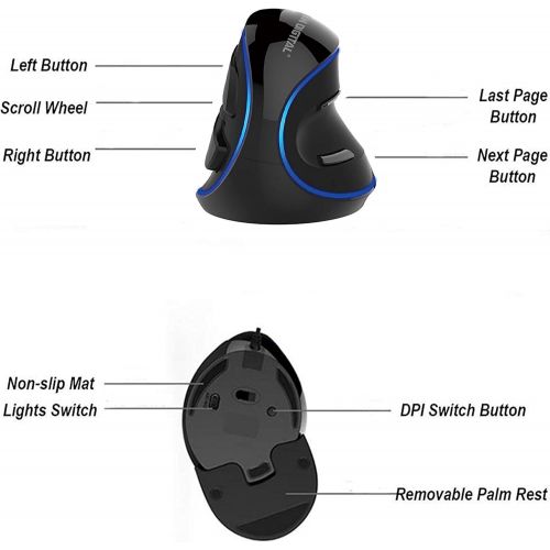  [아마존베스트]J-Tech Digital Wired Ergonomic Vertical USB Mouse with Adjustable Sensitivity (600/1000/1600 DPI), Scroll Endurance, Removable Palm Rest & Thumb Buttons [V628]