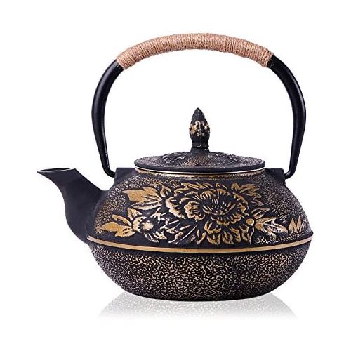  JUEQI 900 ML Old Dutch Cast Iron Teapot, Enamel Craft Japanese Cast Iron Tea Kettle with Stainless Steel Infuser Strainer, Enamel-Coated Interior Peony Pattern