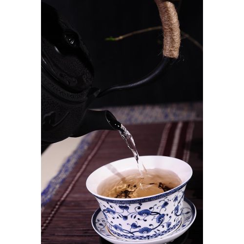  JUEQI Cast Iron Teapot Kettle with Stainless Steel Infuser/Strainer, Gold Peony 30 Ounce (900 ML)