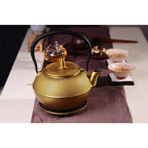  JUEQI Cast Iron Teapot Kettle with Stainless Steel Infuser/Strainer, Gold Peony 30 Ounce (900 ML) (Large Gold)