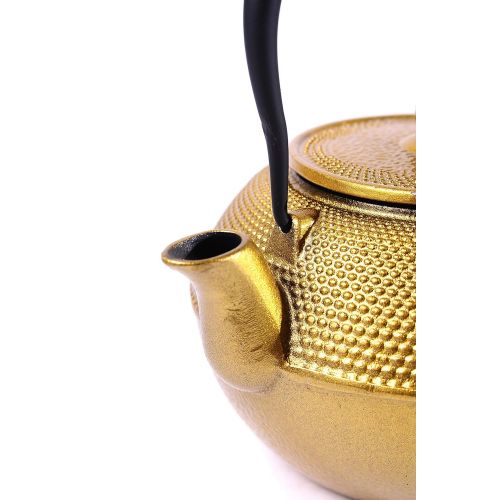  JUEQI Cast Iron Teapot Kettle with Stainless Steel Infuser/Strainer, Gold Peony 30 Ounce (900 ML) (Large Gold)