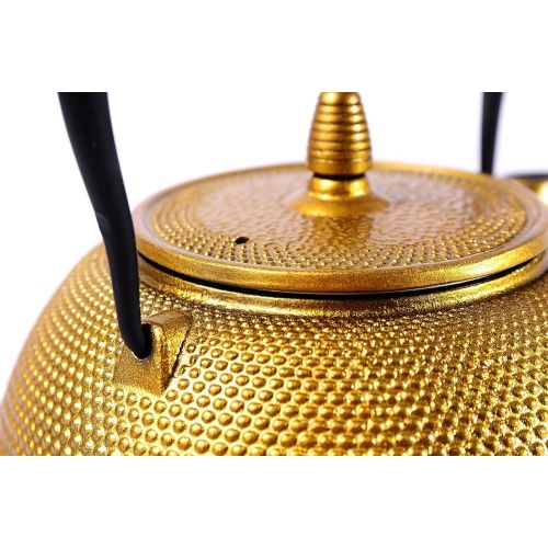  JUEQI Cast Iron Teapot Kettle with Stainless Steel Infuser/Strainer, Gold Peony 30 Ounce (900 ML) (Large Gold)