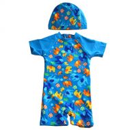 JUIOKK Baby Kids Boys One Pieces Swimsuit with Caps,Short Sleeve Boy-Leg Rash Guard Sun Protective Swimwear Wetsuit