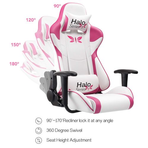  JUMMICO Pink Gaming Chair Girl Series Height Adjustable Racing Chair Specialty Design Comfortable Ergonomic Computer Swivel Chair with Headrest and Lumbar Support