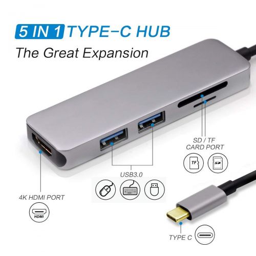  JUNWER Junwer USB C Hub, Cable-5 in 1 Type C to HDMI 4K Adaptor+2 USB 3.0 Ports + SdTF Card Reader for MacBook Pro and More USB 3.1 Devices