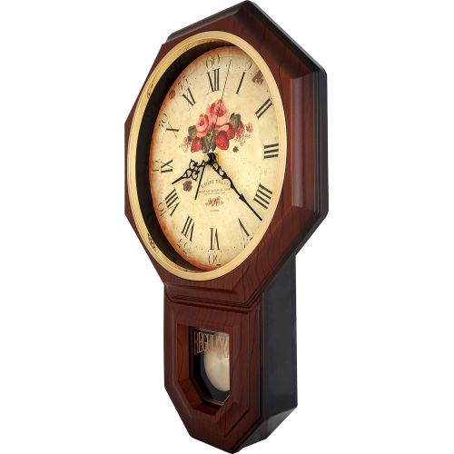  JUSTIME Vintage Rose Classic Traditional Schoolhouse Pendulum Wall Clock Chimes Every Hour With Westminster Melody Made in Taiwan, 4AA Batteries Included (PP0258-F Dark Wooden Grain)