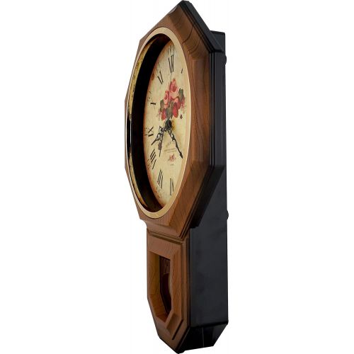  JUSTIME Vintage Rose Classic Traditional Schoolhouse Pendulum Wall Clock Chimes Every Hour With Westminster Melody Made in Taiwan, 4AA Batteries Included (PP0258-F Dark Wooden Grain)