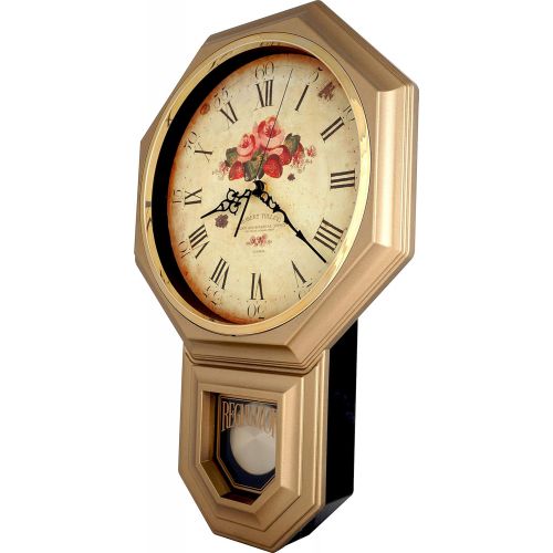  JUSTIME Vintage Rose Classic Traditional Schoolhouse Pendulum Wall Clock Chimes Every Hour With Westminster Melody Made in Taiwan, 4AA Batteries Included (PP0258-F Dark Wooden Grain)