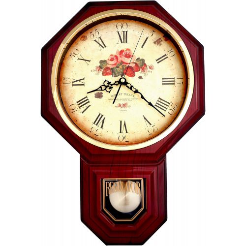  JUSTIME Vintage Rose Classic Traditional Schoolhouse Pendulum Wall Clock Chimes Every Hour With Westminster Melody Made in Taiwan, 4AA Batteries Included (PP0258-F Dark Wooden Grain)