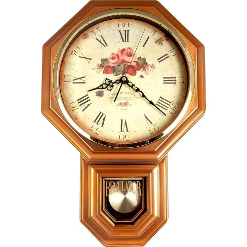  JUSTIME Vintage Rose Classic Traditional Schoolhouse Pendulum Wall Clock Chimes Every Hour With Westminster Melody Made in Taiwan, 4AA Batteries Included (PP0258-F Dark Wooden Grain)