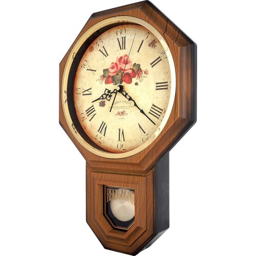  JUSTIME Vintage Rose Classic Traditional Schoolhouse Pendulum Wall Clock Chimes Every Hour With Westminster Melody Made in Taiwan, 4AA Batteries Included (PP0258-F Dark Wooden Grain)