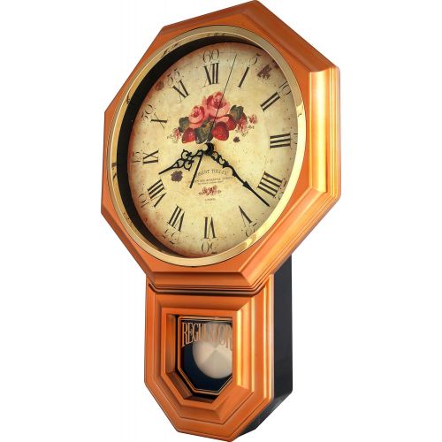  JUSTIME Vintage Rose Classic Traditional Schoolhouse Pendulum Wall Clock Chimes Every Hour With Westminster Melody Made in Taiwan, 4AA Batteries Included (PP0258-F Dark Wooden Grain)