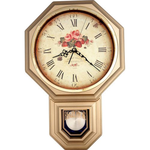  JUSTIME Vintage Rose Classic Traditional Schoolhouse Pendulum Wall Clock Chimes Every Hour With Westminster Melody Made in Taiwan, 4AA Batteries Included (PP0258-F Dark Wooden Grain)