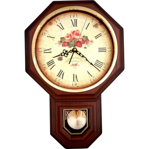  JUSTIME Vintage Rose Classic Traditional Schoolhouse Pendulum Wall Clock Chimes Every Hour With Westminster Melody Made in Taiwan, 4AA Batteries Included (PP0258-F Dark Wooden Grain)