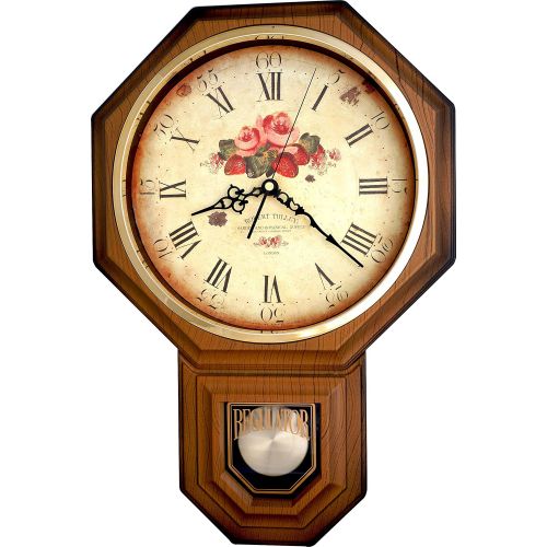  JUSTIME Vintage Rose Classic Traditional Schoolhouse Pendulum Wall Clock Chimes Every Hour With Westminster Melody Made in Taiwan, 4AA Batteries Included (PP0258-F Dark Wooden Grain)