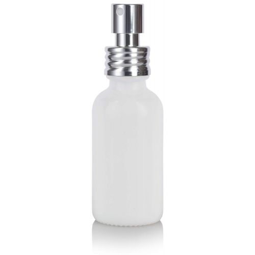  JUVITUS 1 oz Luxury Opal White Glass Boston Round Bottle with Silver Metal Aluminum Fine Mist Sprayer (24 Pack) + Funnel