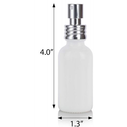 JUVITUS 1 oz Luxury Opal White Glass Boston Round Bottle with Silver Metal Aluminum Fine Mist Sprayer (24 Pack) + Funnel
