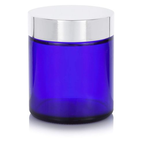  JUVITUS Cobalt Blue Thick Glass Straight Sided Jar with Silver Metal Overshell Lid - 4 oz / 120 ml (24 pack) + Spatulas and Labels