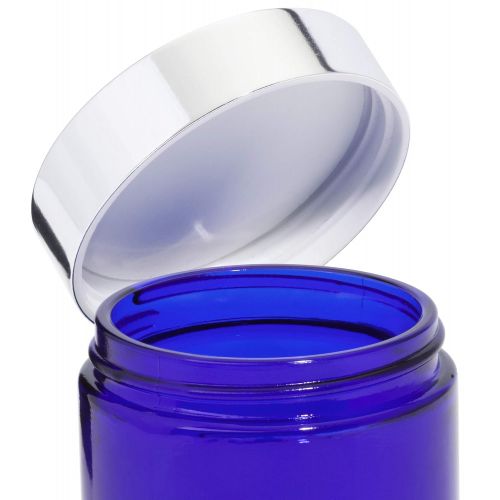  JUVITUS Cobalt Blue Thick Glass Straight Sided Jar with Silver Metal Overshell Lid - 4 oz / 120 ml (24 pack) + Spatulas and Labels