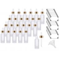 JUVITUS 1 oz Frosted Clear Glass Boston Round Bottle with Gold Metal and Glass Dropper (24 pack) + Funnel...