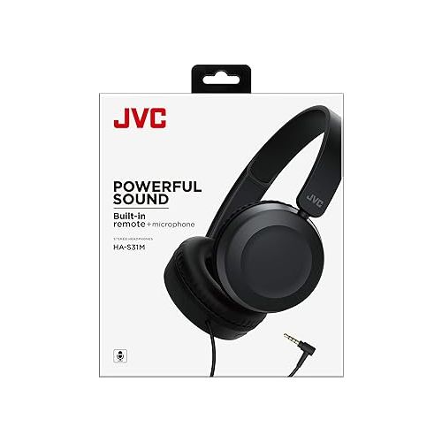 JVC Lightweight On Ear Headphones with Powerful Sound, Integrated Remote & Mic for Smartphones - HAS31MB (Black), Medium