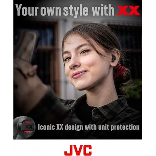  JVC New XX True Wireless Earbuds Headphones, Long Battery Life (up to 24 Hours), Extreme Deep Bass with Special Tuning, Shock Proof and Dust Proof, Water Jet Proof (IPX55) - HAXC62TR (Black Red)
