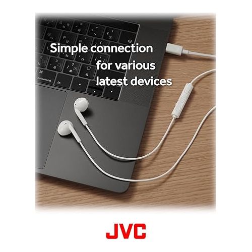  JVC USB-C Wired Earbuds Headphones, Delay-Free for Videos and Gaming, Built-in DAC Reduces Noise and Improves Sound Quality, 10.7 mm Diameter Neodymium Drivers - HAFR17UCW (White)