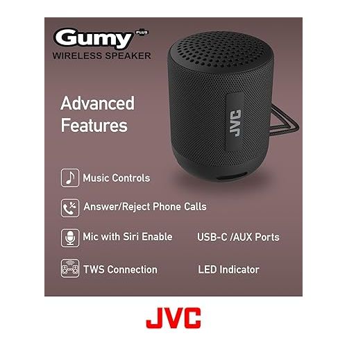  JVC Portable Gumy Plus Wireless Speaker with 45mm driver for Powerful Surround Sound, Bluetooth 5.3, Lightweight, TWS capability, USB-C, AUX in, up to 16-Hour Battery Life - SPSG2BTB (Black)