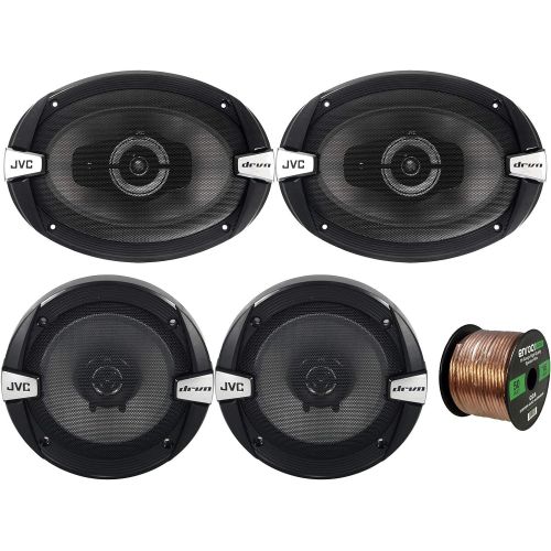  Car Speaker Package Of 2x JVC CS-DR6930 6x9 500 Watt 3Way Vehicle Stereo Coaxial Speakers Bundle Combo With 2x CS-DR620 6.5 300W 2-Way Audio Speakers, Enrock 50 Foot 16 Guage Speak