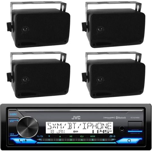  JVC Marine Boat Bluetooth USB AUX SD iPod/iPhone Pandora Receiver SiriusXM Ready 4- 2-Way 3.5 Inch Box Boat Speaker (2 pairs) - Great Outdoor Marine Bike Audio System