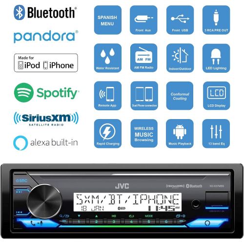  JVC Marine Boat Bluetooth USB AUX SD iPod/iPhone Pandora Receiver SiriusXM Ready 4- 2-Way 3.5 Inch Box Boat Speaker (2 pairs) - Great Outdoor Marine Bike Audio System