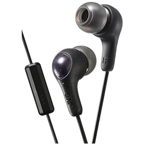  BLACK GUMY In ear earbuds with stay fit ear tips and MIC. Wired 3.3ft colored cord cable with headphone jack. Small, medium, and large ear tip earpieces included. JVC GUMY HAFX7MB