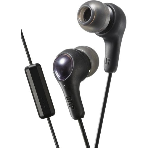  BLACK GUMY In ear earbuds with stay fit ear tips and MIC. Wired 3.3ft colored cord cable with headphone jack. Small, medium, and large ear tip earpieces included. JVC GUMY HAFX7MB