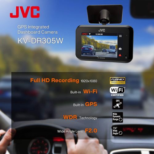  JVC KV-DR305W 1920x1080p Full HD Recorder GPS Dash Cam for Car, 2.7 LCD Screen Dashboard Camera, Built-in Wi-Fi, 3-Axis G-Force Sensor, Night Enhancement WDR, Includes 16GB Class 1