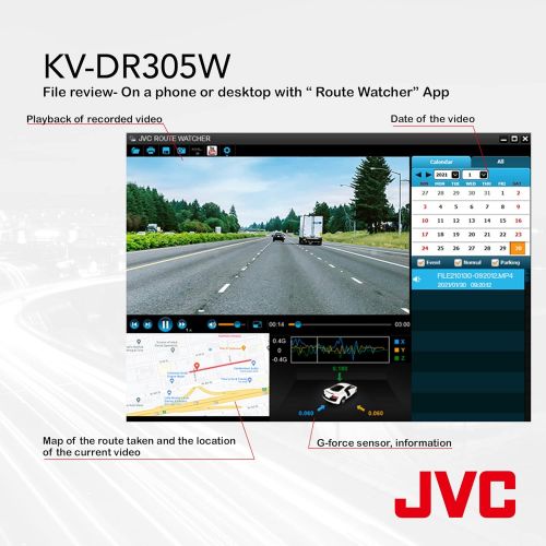  JVC KV-DR305W 1920x1080p Full HD Recorder GPS Dash Cam for Car, 2.7 LCD Screen Dashboard Camera, Built-in Wi-Fi, 3-Axis G-Force Sensor, Night Enhancement WDR, Includes 16GB Class 1