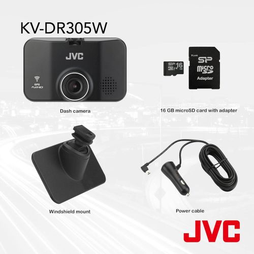 JVC KV-DR305W 1920x1080p Full HD Recorder GPS Dash Cam for Car, 2.7 LCD Screen Dashboard Camera, Built-in Wi-Fi, 3-Axis G-Force Sensor, Night Enhancement WDR, Includes 16GB Class 1