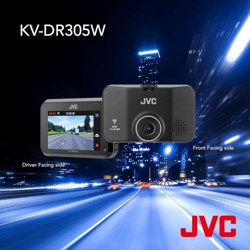  JVC KV-DR305W 1920x1080p Full HD Recorder GPS Dash Cam for Car, 2.7 LCD Screen Dashboard Camera, Built-in Wi-Fi, 3-Axis G-Force Sensor, Night Enhancement WDR, Includes 16GB Class 1