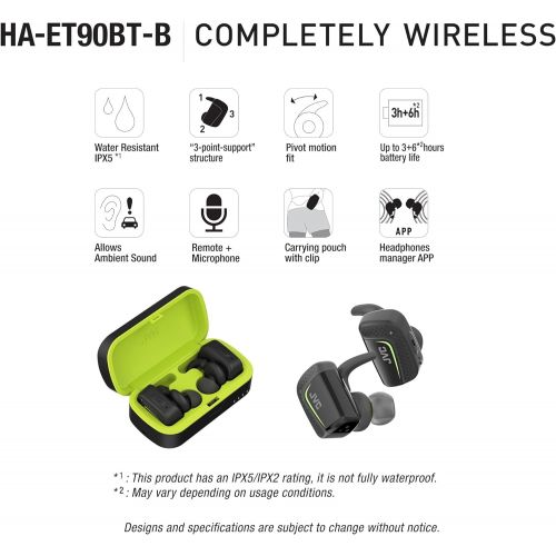  Wireless Earbuds with Stay and Secure fit Design, Sweat Proof and Washable True Wireless, Sport Bluetooth Charging Case. iPhone and Android Smart Phone use. JVC HA-ET90BTB