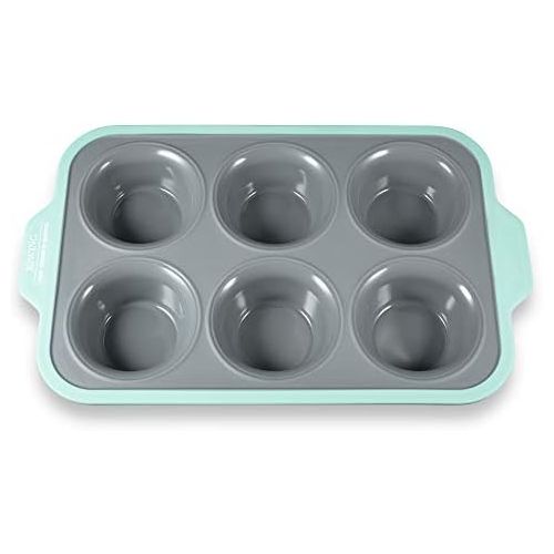  [아마존베스트]JXWING 6 Cups Non-stick Silicone Cupcake Baking Pan with Ergonomics Grips, Premium Stainless Steel Core Muffin Pan, Aqua Sky