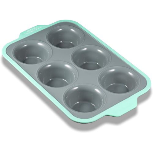  [아마존베스트]JXWING 6 Cups Non-stick Silicone Cupcake Baking Pan with Ergonomics Grips, Premium Stainless Steel Core Muffin Pan, Aqua Sky