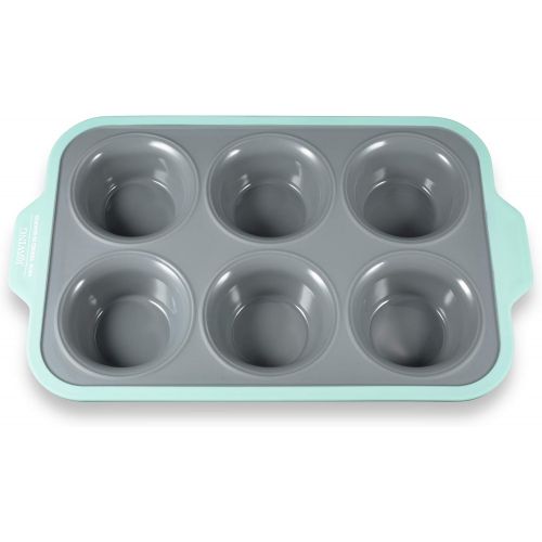  [아마존베스트]JXWING 6 Cups Non-stick Silicone Cupcake Baking Pan with Ergonomics Grips, Premium Stainless Steel Core Muffin Pan, Aqua Sky