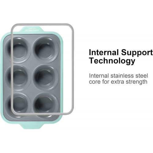  [아마존베스트]JXWING 6 Cups Non-stick Silicone Cupcake Baking Pan with Ergonomics Grips, Premium Stainless Steel Core Muffin Pan, Aqua Sky