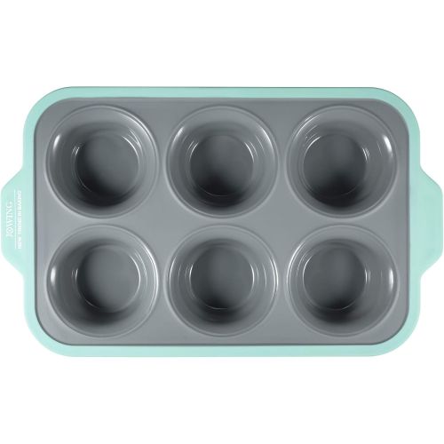  [아마존베스트]JXWING 6 Cups Non-stick Silicone Cupcake Baking Pan with Ergonomics Grips, Premium Stainless Steel Core Muffin Pan, Aqua Sky