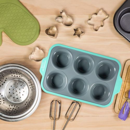  [아마존베스트]JXWING 6 Cups Non-stick Silicone Cupcake Baking Pan with Ergonomics Grips, Premium Stainless Steel Core Muffin Pan, Aqua Sky