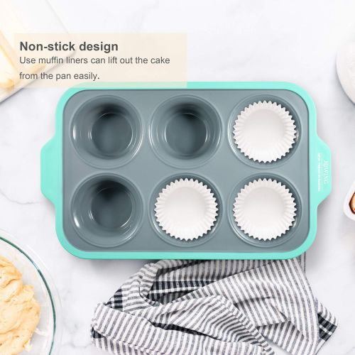  [아마존베스트]JXWING 6 Cups Non-stick Silicone Cupcake Baking Pan with Ergonomics Grips, Premium Stainless Steel Core Muffin Pan, Aqua Sky