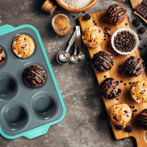  [아마존베스트]JXWING 6 Cups Non-stick Silicone Cupcake Baking Pan with Ergonomics Grips, Premium Stainless Steel Core Muffin Pan, Aqua Sky