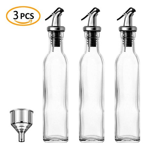  JY Collection Set of 3 Glass Oil and Vinegar Dispenser, 17 OZ, BPA Free, Salad Dressing Cruet Glass Bottle Olive Oil Bottles Dispenser Glass Oil Bottle Coconut Oil bottle with Stai