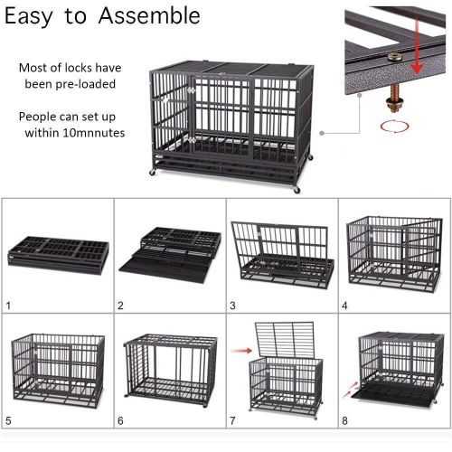  JY QAQA PET Heavy Duty Dog CageStrong Folding Metal Crate Kennel and Playpen for Medium and Large Dogs with Double Door, Two Prevent Escape Lock, Tray and Rolling Wheels (36” 42”