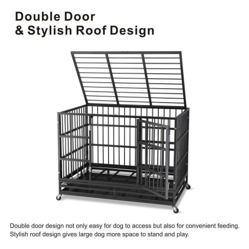  JY QAQA PET Heavy Duty Dog CageStrong Folding Metal Crate Kennel and Playpen for Medium and Large Dogs with Double Door, Two Prevent Escape Lock, Tray and Rolling Wheels (36” 42”